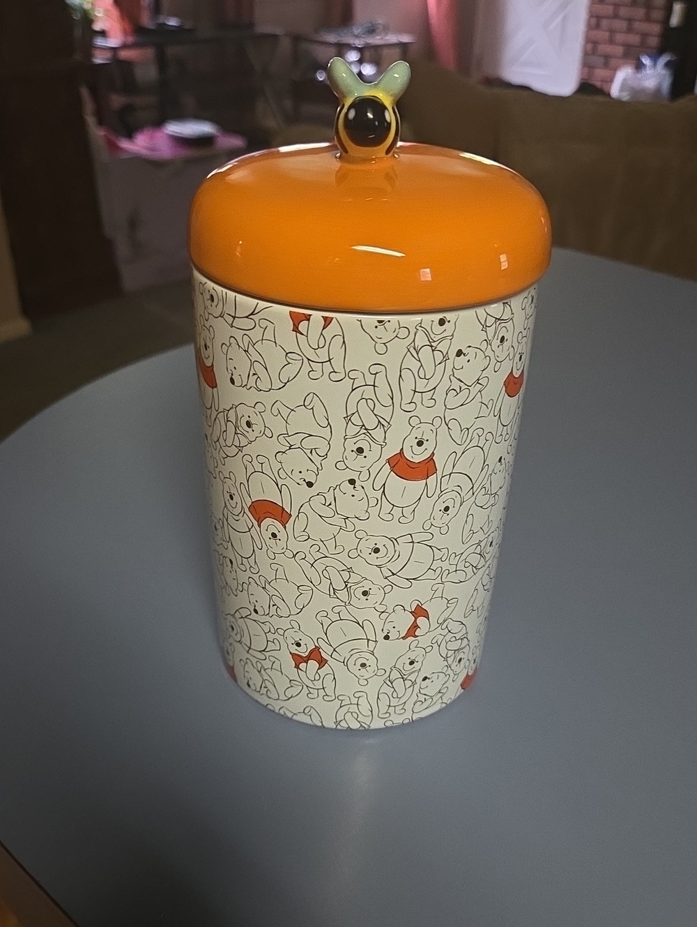 Disney Winnie the Pooh Orange and Cream Ceramic Canister with Bee Knob